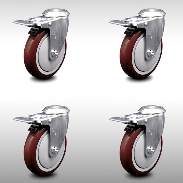 5 Inch SS Maroon Polyurethane Swivel Bolt Hole Caster Set with Total Lock Brake